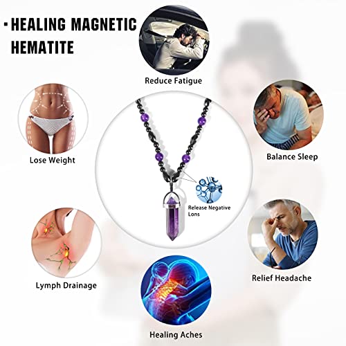 Vinswet Magnetic Hematite Therapy Necklace, Lymphatic Drainage Detox Magnetic Therapy Necklace,Stress Pain Relief Anxiety Necklace,Amethyst Tiger Eye Turquoise Crystal Healing Spiritual Gemstone Pendant For Women Men,Hexagonal Point Natural Stone Jewelry Gift #TOP4