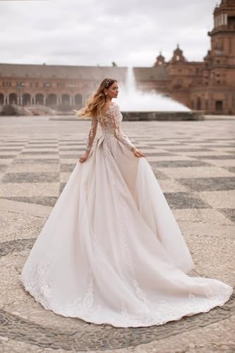 Zeeyecie Lace Long Sleeve Wedding Dresses Tulle A-Line Pleated Floor Length Long Bridal Gowns with Pockets 20253