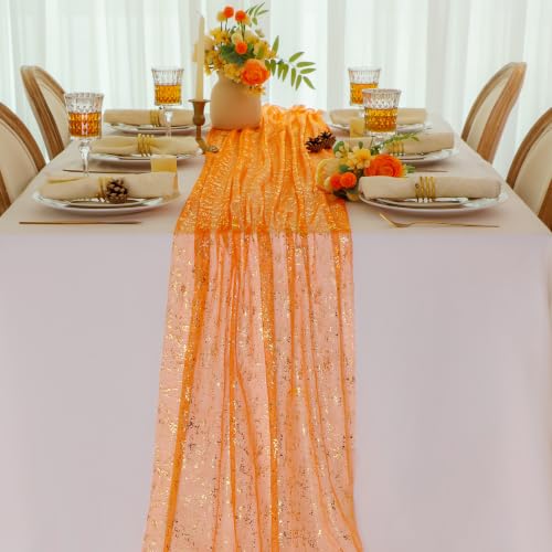 3Pcs Orange Gold Table Runner Metallic Foil Shimmer Sheer Gauze Decor 10ft