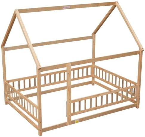 Miniatura 14 de Cama de suelo de tamaño matrimonial con valla para niños pequeños, cama Montessori con techo de casa, marco de cama de piso de madera matrimonial
