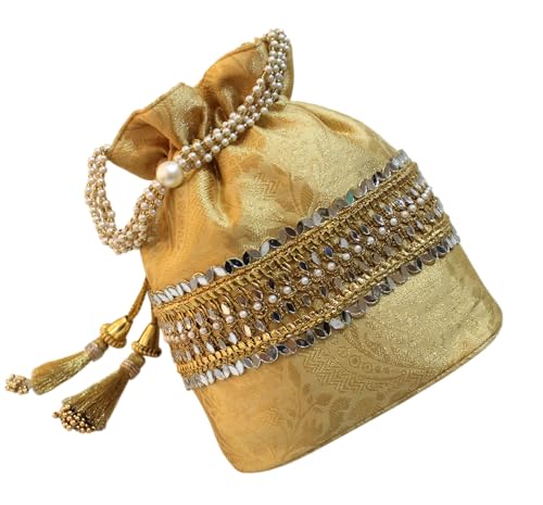 Image of MILAN'S CREATION Banarasi Silk Brocade Potli Bag Purse With Base Drawstring Women's handbag with Pearl Handle & Tassel Weddings