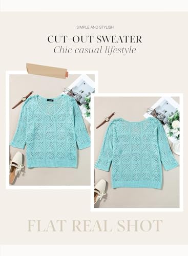 Dokotoo Womens Fashion Ladies Spring Summer Scoop Neck 3/4 Short Sleeve Crochet Top 2025 Pullover Sweaters Work Business Loose Shirts Swimsuit Coverup for Women Light Blue Medium - Image 4