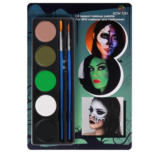 Bowitzki Halloween Makeup Palette 5 Colors Face Body Paint Oil Based with Brush for Zombie Skeleton Clown Witch Football Baseball Sports SFX Costume Cosplay Dress Up (Green)