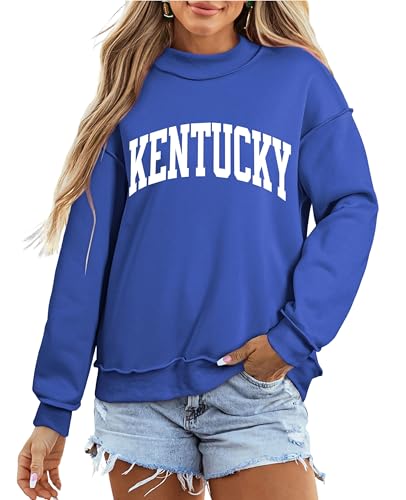 SELINK Womens Double Printed Reversible Mock Neck Sweatshirts Drop Shoulder Long Sleeve Pullover Tops Blue KENTUCKY-M