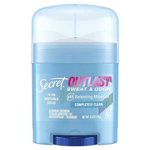 Secret Outlast Antiperspirant Deodorant for Women, 72hr Sweat & Odor Protection, PH Balancing Minerals, Invisible Solid, Completely Clean Scent, Travel Size, 0.5 oz