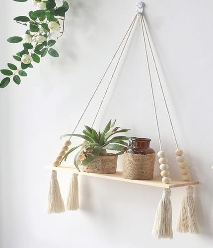 Image of Macrame Wall Hanging Shelf for Home Decor, Bohemian Floating Wooden Shelve for Bedroom, Living Room, Nursery and Marriage Party Decoration, White, 16X5X24 Inches (Large, 1-Piece)