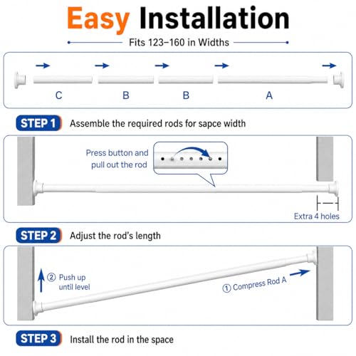 Image of ALLZONE Tension Curtain Rod for Windows, 123 to 160 Inch, Heavy Duty Extra Long Curtain Rods, Non-Slip Bathroom Shower Tension Rod, Renter Friendly, Adjustable, Spring Loaded, White