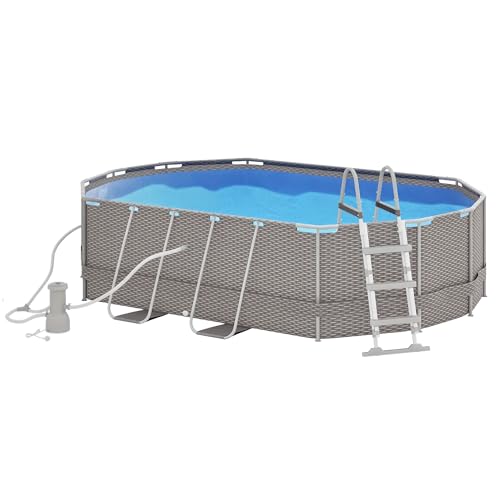 Outsunny 14' x 10' x 3' Above Ground Swimming Pool, Non-Inflatable Rectangular Steel Frame Pool with Filter Pump, Safety Ladder for 1-6 People, Gray
