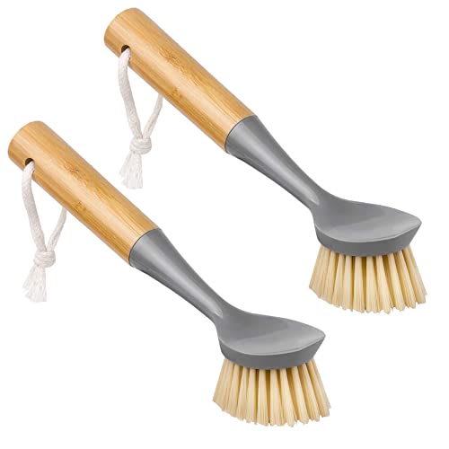Wress 2x Wooden Dish Brush Bamboo Washing Up Kitchen - Scrubbing Brush for Pans Dishes Pots Sink Cleaning - Scrubber Brush Non-Scratch with Odorless Bristles, Brown, Grey