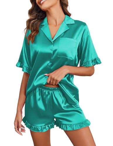 Image of Ekouaer Satin Pajama Set for Women Button Down Silk 2 Piece Pj Sets Ruffle Short Sleeve Sleepwear,Turquoise,XL