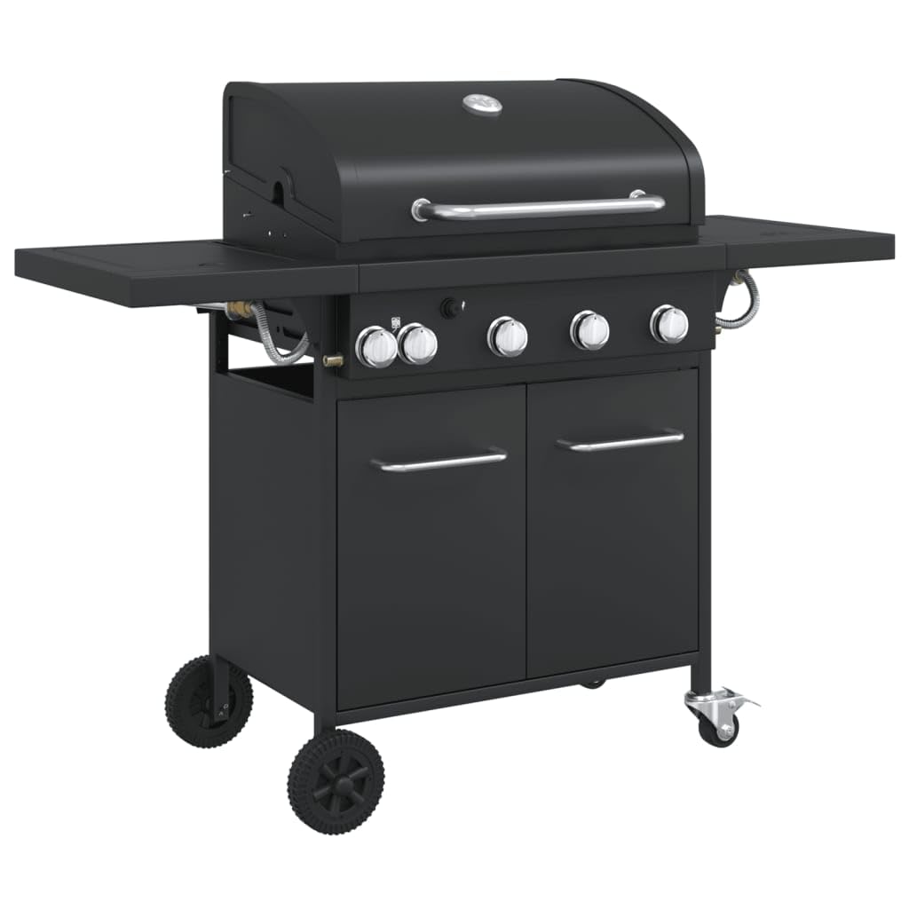 Barbecue a gas con 5 fiamme, 16 kW, per esterni, con termometro, ripiani laterali, ruote, acciaio verniciato a polvere, nero