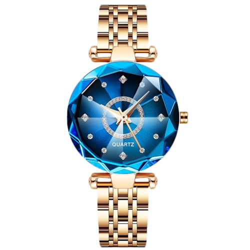 RORIOS Women's Elegant Watch Fashion Analogue Quartz Wristwatch Diamond Scale Wrist Watch Ladies Stainless Steel Watch Simple Dress Watch Blue A