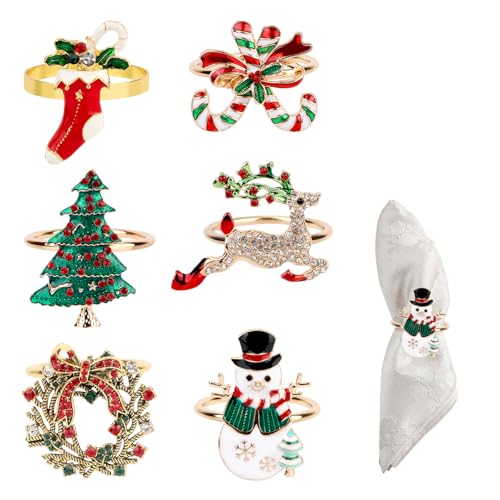 6uds Servilleteros Navideños, 4cm de Diámetro Gold Napkin Rings Árbol de Navidad Reno Muñeco de Nieve Anillos para Servilletas Dorados para Fiestas Navideñas Decoración de Mesas de Comedor