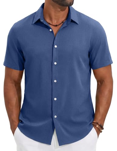 COOFANDY Mens Button Down Shirt Short Sleeve Casual Linen Shirts Summer Beach Wedding Shirts Denim...