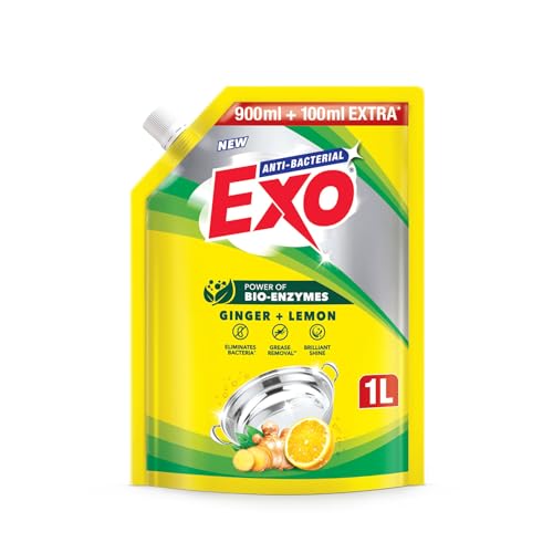 Image of Exo Dishwash Liquid Refill Pack | Ginger & Lemon | Tough Grease Removal for Utensils | Anti-Bacterial Dishwashing Liquid | Bio-Enzyme Liquid Dishwash | No Residue Cleaning - 1L