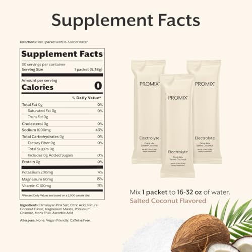 Image of ProMix Nutrition Electrolytes Powder Hydration Packets - Himalayan Pink Salt, Magnesium, Potassium, Vitamin C - Salted Coconut, Lightly Sweetened - 30 Servings (Pack of 30)