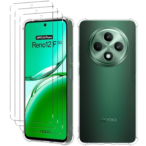 Xxmbbjy Cover per Oppo Reno 12F 4G / 5G / Oppo Reno 12 FS 5G Trasparente Custodia con 3 Pezzi Pellicola Protettiva in Vetro Temperato, TPU Morbido Silicone Anti-Caduta Case
