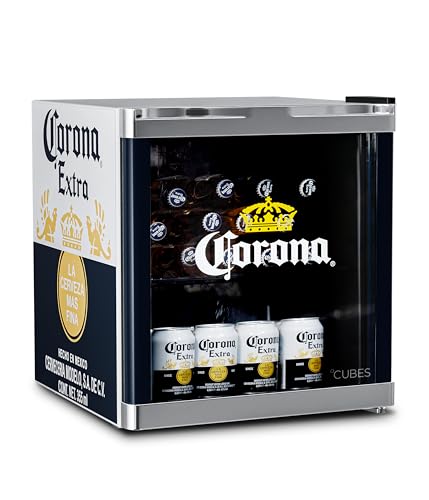 °CUBES CORONA Mini Getränkekühlschrank 48L (Blau/Gelb) – Kompakter Flaschenkühlschrank mit Glastür & wechselbarem Türanschlag – Leise & energieeffizient - Bar, Küche, Homeoffice – Getränkekühler