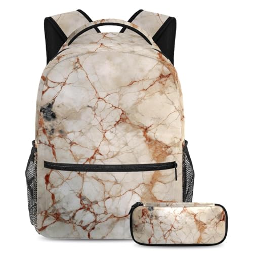 Cartable texture marbre grand sac à dos contre le désordre scolaire avec sa trousse assortie robuste