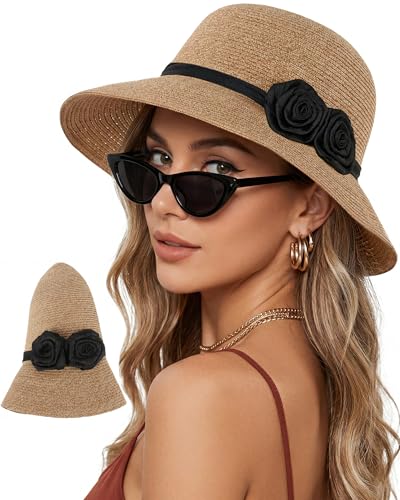 Sombrero de paja para mujer con flores crochet miniatura 1