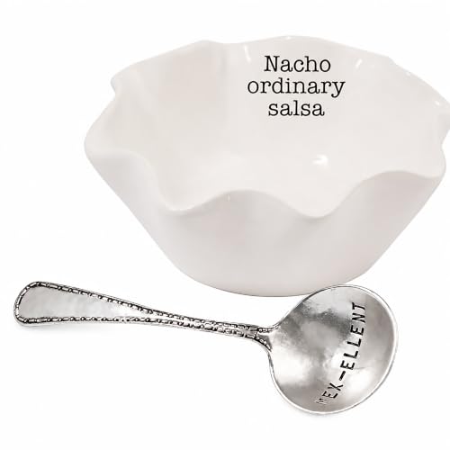 Image of Mud Pie Salsa Ceramic Dip Cup Set, Nacho, White & Silver