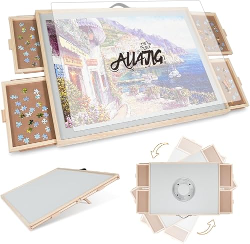ALL4JIG 2000 Pieces 2-in-1 Tilting & Rotating Puzzle Board for Adults Gifts, Wooden Jigsaw Puzzle Table with 4 Drawers, 28.5