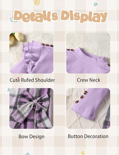 Image of Girls Clothes 2 Piece Ruffle Long Sleeve Shirt Top and Bow Plaid Skirt Set Girls Fall Winter Outfits 6-16 Years