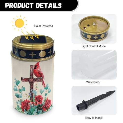 Image of Cardinal Bird Cross Rose Solar Grave Lights for Cemetery Flameless Solar Powered Light for Prayer Waterproof Cemetery Solar Lights for Grave Cemetery Decor
