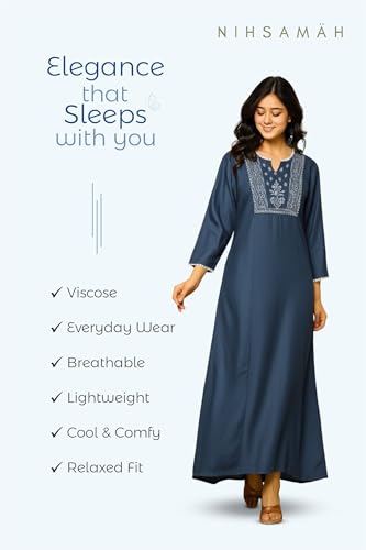 Image of NIHSAMAH Viscose Nighty for Women, Embroidered & Printed Stylish Night Gown, Long Sleeve Comfortable Sleepwear Long Nightwear, Maxi