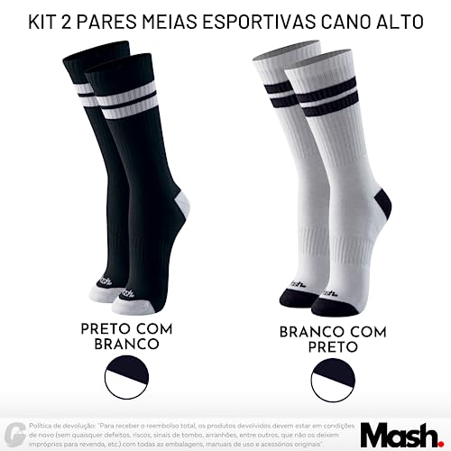 Kit 02 Pares Meias Cano Alto Mash Esportiva Masculina Adulto | Branco Com Preto | Preto Com Branco |