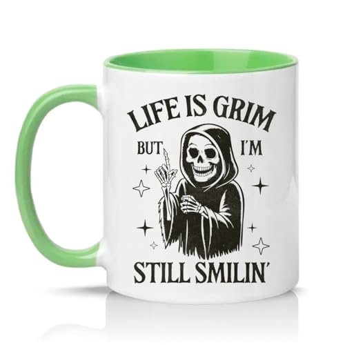 Image of Sassy Souls Life is Grim But Im Still Smilin 11oz Ceramic Novelty Mug Grim Reaper Dark Humour Tea Coffee Cup Gift Green