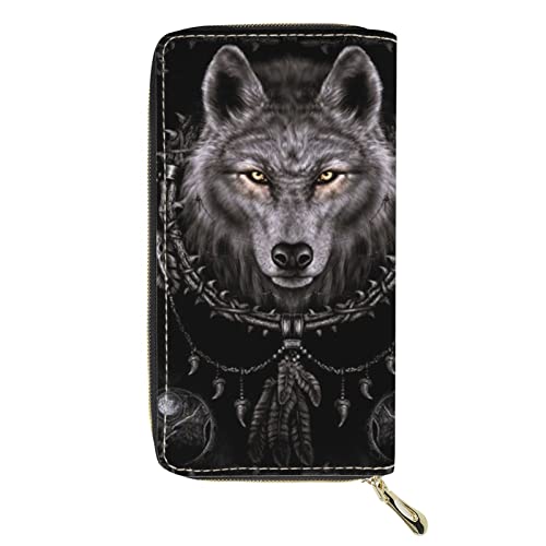 Dolyues Long portefeuille pour femme avec fermeture éclair pour cartes de crédit, argent et monnaie, Attrape Rêves Imprimé Loup, Classique Cover