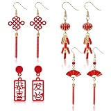 BOARDFEB Chinese Earrings for Women, Red Lantern Firecracker Dangle Earrings Fan Chinese Knot Tassel Earrings Japanese Earrings Pendant Spring Festival Earrings Chinese New Year Gifts Accessories