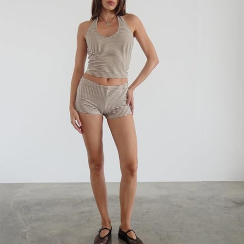 Image of NUFIWI Y2k Striped Shorts for Women High Waist Stretch Micro Boy Shorts Slim Fit Pajamas Bottoms Lounge Shorts Sleepwear