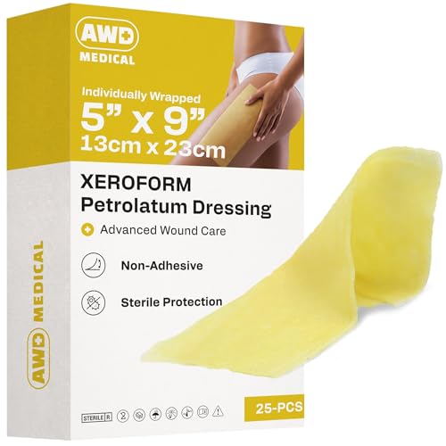 AWD Medical Xeroform Petrolatum Dressing 5x9 - Non-Adhering Gauze Pads - Fine Mesh Gauze Patch Sterile - Healthcare Supplies for Wound Care, Burns, Lacerations, & Skin Grafts Aide (Box of 25, 5