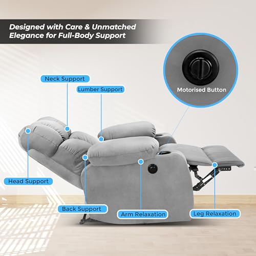 Image of Little NAP Helios Soft Suede Fabric Single Motorized Standard Recliner | Padded 1 Seater Aaram Sofa | Relaxing Chair for Home Office Living Bed Room | Grey