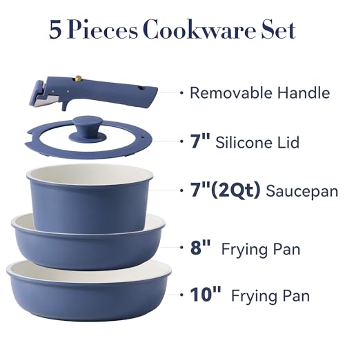 Image of CAROTE 5pcs Pots and Pans Set Non stick,Cookware Set Detachable Handle,kitchen essentials,RV kitchen pot and pan,Induction Cookware,Oven Safe,PFOA PFOS FREE,Blue