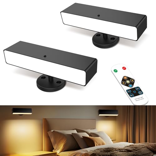 Image of iThird Rechargeable Battery Operated Wall Sconce Set of 2: Wireless Black Wall Lights Battery Powered Magnetic 360 Rotation Cordless Scone Adhesive LED Wall Mount Lamp for Bedroom Reading Picture RV