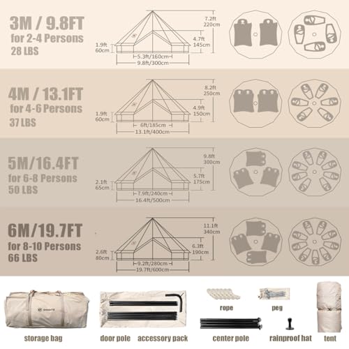 Canvas Bell Tent Yurt Tent 4 Seasons for Camping 100% Cotton Glamping Tents with Stove Jack, Family Camping Outdoor Hunting Party (4M- 13.1FT) - Image 4
