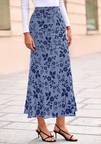 BTFBM Womens Floral Mesh Maxi Skirts,Dusty Blue,Small - image 6