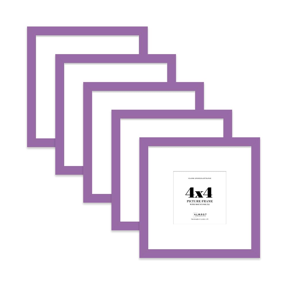 4x4 Purple Picture Frame with Mount for 2x2 Photos, Prints - Modern Square Wall Frame, Set of 5
