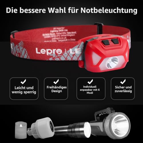 Lepro Stirnlampe Batterie,Kopflampe mit 6 Modi, Nicht Wiederaufladbar – Ansicht 3