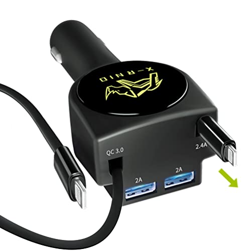 Dual Retractable Car Charger Compatible with iPhone Cell Phone, Fast Charge 2.4A 44W, Retractable Cables (3Ft) and 2 USB Ports Car Charger Adapter, X-Rnio Charger