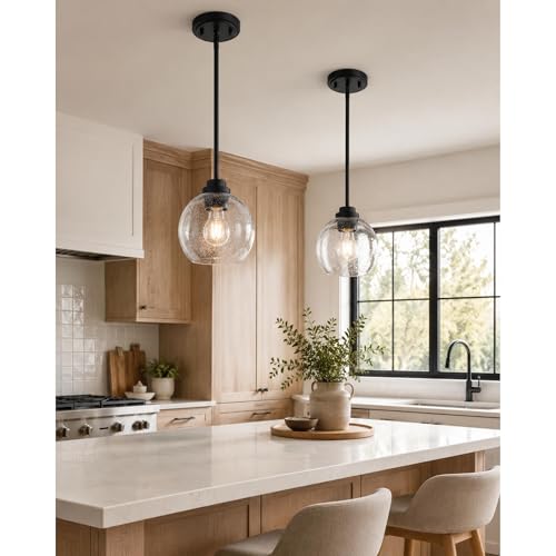 Image of 2-Pack Pendant Lights Kitchen Island, 7 inch Modern Black Hanging Lights Fixtures with Clear Seeded Glass Globe Shade, Kitchen Island Lighting for Bathroom, AD-22280-1P2-BK-S