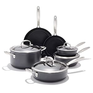OXO Enhanced 10 Piece Cookware Pots and Pans Set, PFAS-Free Ceramic Nonstick, Durable Hard Anodized Cookware, Scratch Resistant, Stainless Steel Handle, Good Grips, Dishwasher Safe, Oven safe, Black