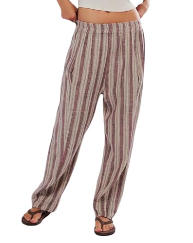 LifeShe Striped Pants for Women Elastic Low Waist Straight Leg Pant Baggy Beach Harem Trousers