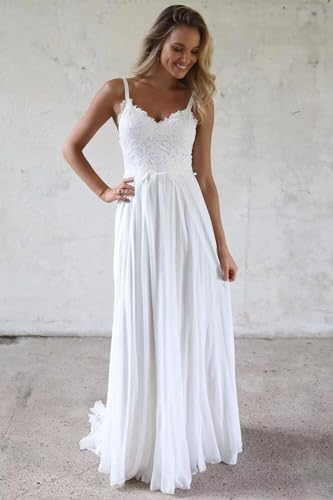 Image of Women's V Neck Spaghetti Straps Beach Wedding Dresses for Bride, Long A-Line Chiffon Bridal Gown Lace Wedding Gowns