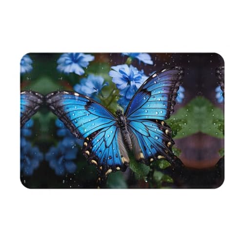 DURAGS Hermoso felpudo para interiores y exteriores con estampado de mariposas azules, para decoración del hogar, estéticamente agradable y funcional