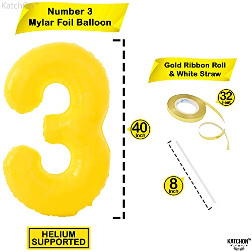 Image of KatchOn, Big, Yellow 3 Balloon Number - 40 Inch | Yellow Three balloon for 3 Year Old Balloons | 3rd Birthday Decorations for Boys | 3 birthday Balloon, Honey Bee Party Decorations