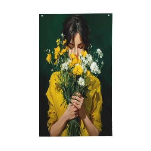 Woman Holding Yellow White Flowers Yard House Flags,3x5 Ft Season Greeting Banner With Grommets Indoor Outdoor Party Home Decorations